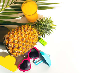 hot summer season vacation holiday, fresh drink fruit pineapple juice, palm coconut leaf tree,...