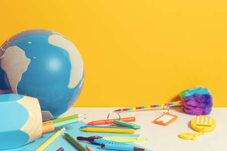 back to school tools of study in classroom, student learning with education kids concept, play fun toy, top view background, children and knowledge, workspace creative and idea, stationery colorfulの写真素材