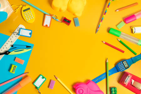 object for study in classroom, student learning with education, kids play fun and toy, top view background, children and knowledge, creative and idea, stationery back to schoolの写真素材