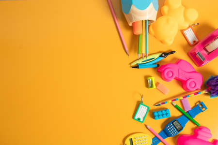 tools object for study in classroom, student learning with education, kids play fun and toy, top view background, children and knowledge, workspace creative and idea, stationery back to schoolの写真素材