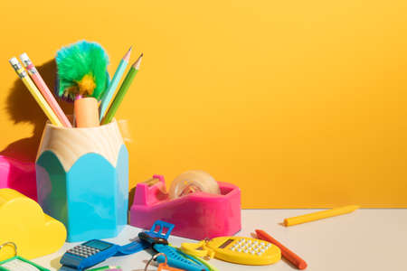stationery study in classroom, student learning with education, kids play fun and toy, top view background, children and knowledge, creative and idea, back to schoolの写真素材