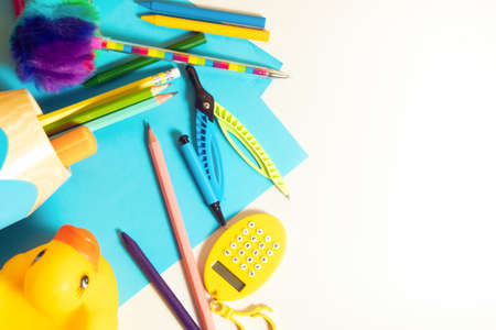 tools of study in classroom, student learning with education kids concept, play fun and toy, top view flat lay background, children and knowledge back to school, workspace home officeの写真素材
