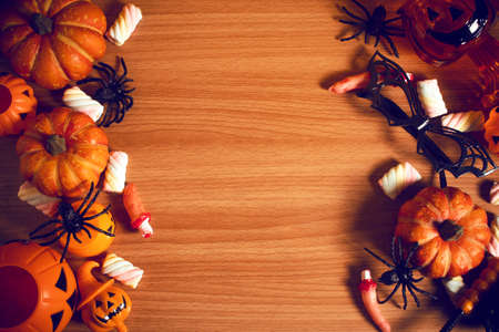 horror spooky funny ghost in halloween on holiday season greeting night celebration party with toy prop decoration and trick or treat autumn october festival and jack-o-lantern conceptの写真素材