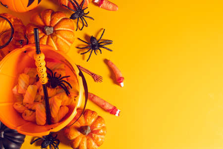 horror spooky funny ghost in halloween on holiday season greeting night celebration party with toy prop decoration and trick or treat autumn october festival and jack-o-lantern conceptの写真素材