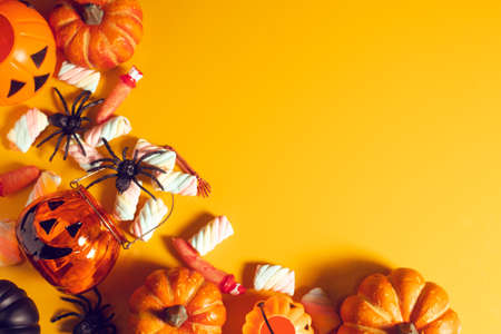 horror spooky funny ghost in halloween on holiday season greeting night celebration party with toy prop decoration and trick or treat autumn october festival and jack-o-lantern conceptの写真素材