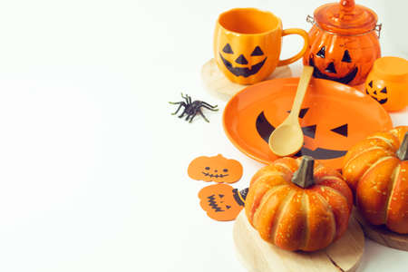 horror spooky funny ghost in halloween pumpkin on holiday season greeting night celebration party with toy prop decoration and trick or treat autumn october festival and jack-o-lantern conceptの写真素材