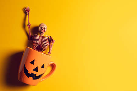 horror spooky funny ghost in halloween skeleton skull on holiday season greeting night celebration party with toy prop decoration and trick or treat autumn october festival, jack-o-lantern conceptの写真素材
