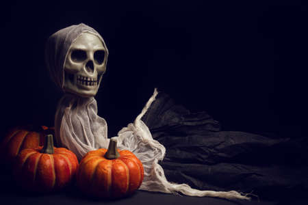horror spooky funny ghost in halloween pumpkin holiday season greeting night celebration party with...