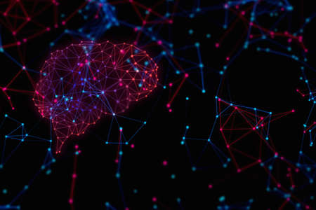 brain ai connecting to futuristic robotic with technology network in background 3d illustration rendering, atom cell neuron plexus of health, digital deep learningの写真素材