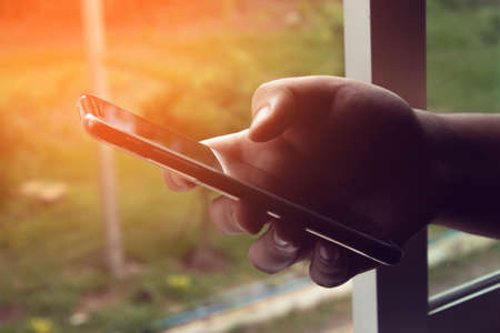 businessman with device smartphone for digital technology internet data social and network conceptの写真素材