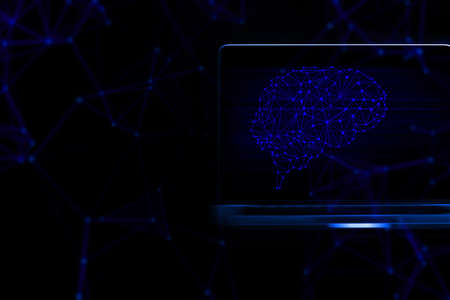 brain with computing digital technology computer laptop with data machine deep learning server...