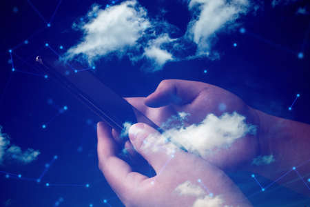 businessman hand finger touch on screen smartphone device for connecting to social network internet...