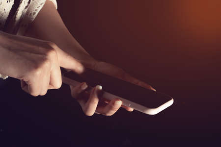 business girl with use device smartphone for digital technology social network internet online in...