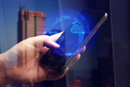 businessman with device smartphone for digital technology internet data social and network concept...