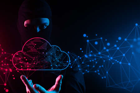 hacker mask man hand, cloud storage and anti-virus attack network, robotic system online, data deep...