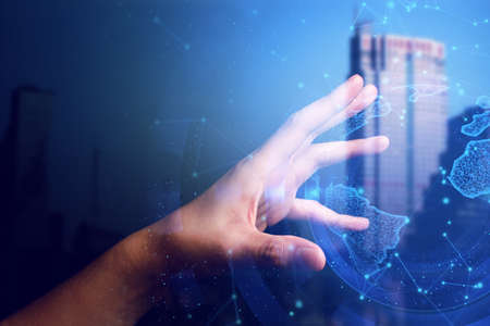 businessman hand touch the digital data of cloud storage internet social network server security...