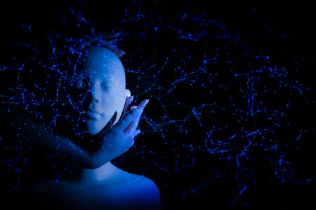 digital data deep learning ai robot bionic automatic face, technology network, cyberpunk futuristic concept, plexus cell brain, humanoid scienceの写真素材