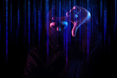 hacker man mask with network, robotic system online, data deep learning, server security hacking,...