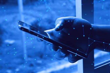 businessman hand finger touch on screen smartphone device for connecting to social network internet...
