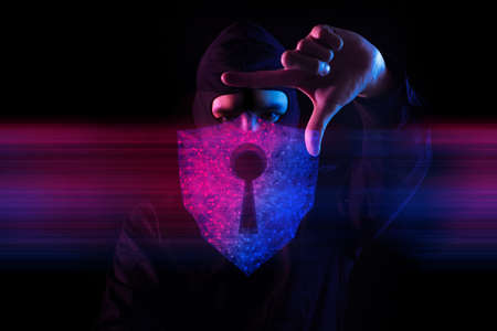 hacker man mask with shield key hole anti-virus network, robotic system online, data deep learning,...