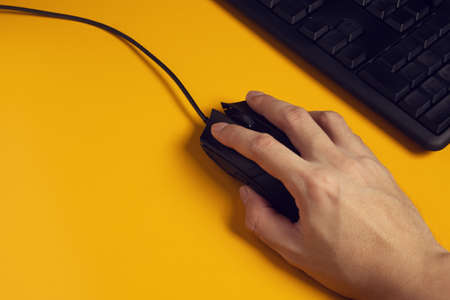 businessman hand use computer mouse device for connecting to social network internet digital with...