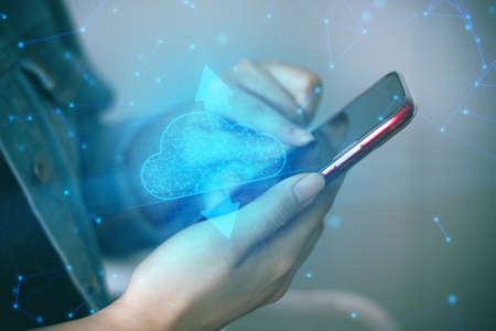 lifestyle business girl and smartphone in coffee shop for business network data cloud storage...