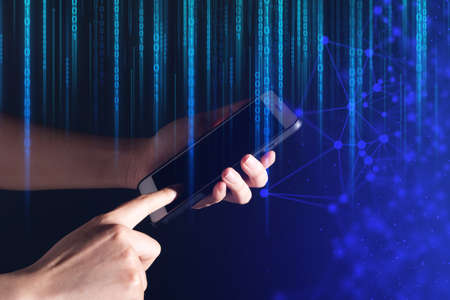 businessman hand touch on smartphone, social network, ai data deep learning, mobile application,...