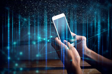 man with technology smartphone for website and social media network with cloud storage, mobile...