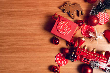 vintage raleway train toy for decoration luxury and gift box in top view flatlay of merry christmas...