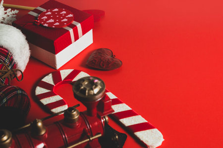 celebration happy new year and merry christmas season greeting holiday festival with red prop decoration gift on vintage backgroundの写真素材