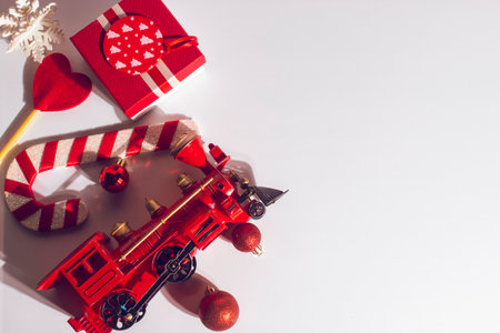 celebration happy new year and merry christmas season greeting holiday festival with red prop decoration gift on vintage backgroundの写真素材