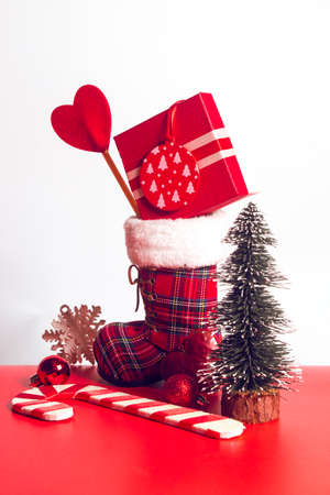 celebration happy new year and merry christmas season greeting holiday festival with red prop decoration gift on vintage backgroundの写真素材