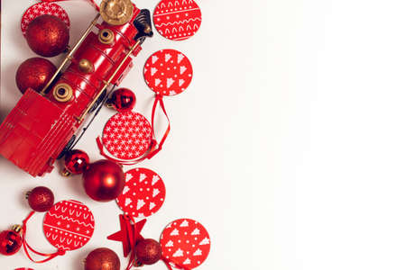 red vintage train toy with merry christmas season greeting holiday festival with prop decoration and...