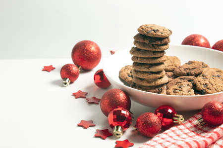 sweet chocolate cookies biscuit and merry christmas season greetingの写真素材