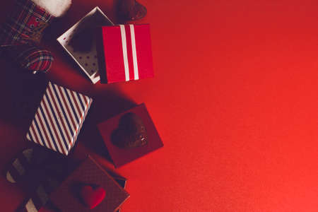 celebration happy new year and merry christmas season greeting holiday festival with red prop decoration gift on vintage backgroundの写真素材