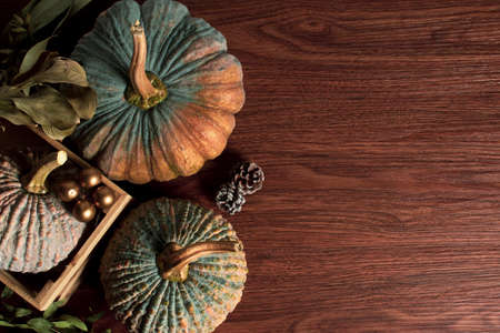 happy holiday of thanksgiving festive celebration with pumpkin dinner food decoration on vintage...