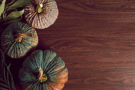 happy holiday of thanksgiving festive celebration with pumpkin dinner food decoration on vintage wood table backgroundの写真素材