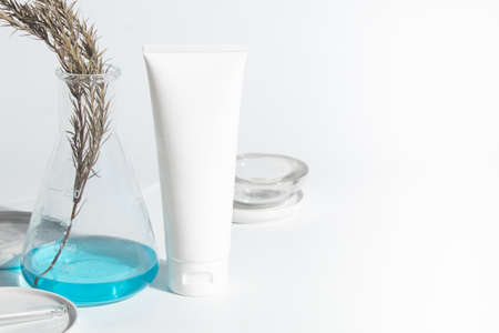 beauty spa medical skincare and cosmetic lotion cream bottle packaging on white decor background, healthy and medicine conceptの写真素材