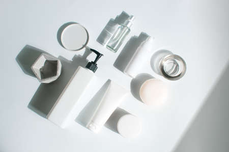 beauty spa medical skincare and cosmetic lotion cream bottle packaging on white decor background, healthy and medicine conceptの写真素材