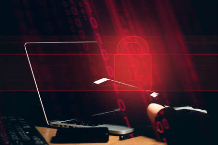 hacker hand in terrorist with virus computer attack robbery to unlock server network system online...