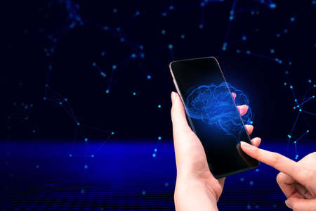 human working with control the ai robotic machine system network by tablet mobile touchscreen,...
