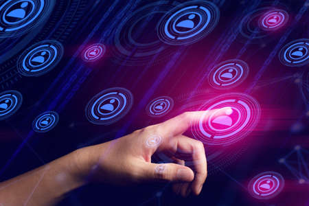 businessman hand finger touch on screen for connecting to social network internet digital with data...