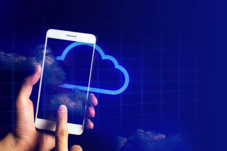 businessman hand finger touch on screen smartphone device for connecting to social network internet...