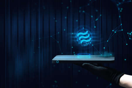 hand with ai data connect to social network for libra bitcoin money crypto currency trade business...