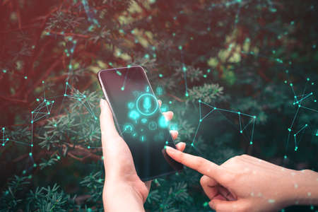 businessman girl hand finger touch on screen smartphone device for connecting to social network...