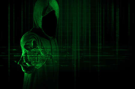 hacker man wear mask terrorist with virus computer attack robbery to unlock server network system...