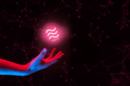 hand with ai data connect to social network for libra bitcoin money crypto currency trade business application concept, digital asset risk financialの写真素材