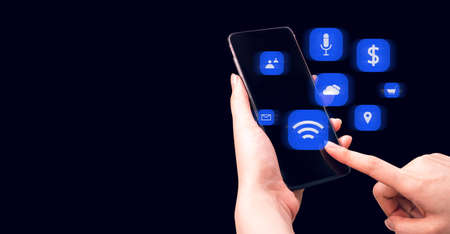 business girl hand holding the device technology smartphone for digital telecom contact to social...