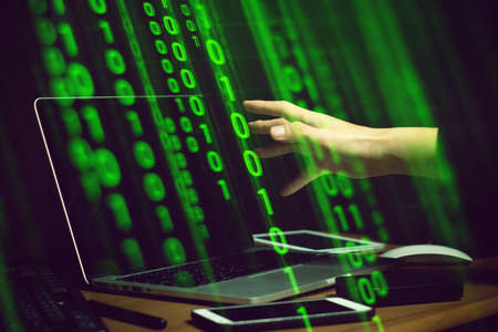 hacker hand and coding ai computer binary digital network server closeup on screen monitor with...