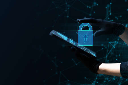 businessman and smartphone tablet with social network technology with lifestyle office concept, data deep learning ai robotic, system and hacker online security privacy safety lockの写真素材